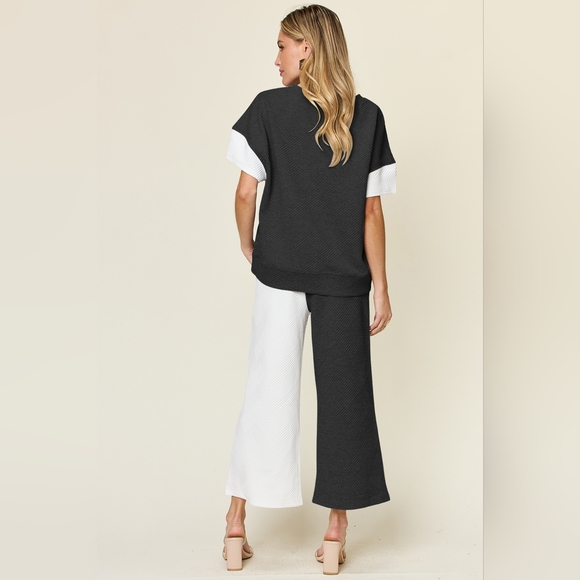 Double Take Full Size Texture Contrast T-Shirt and Wide Leg Pants Set - Picture 3 of 16